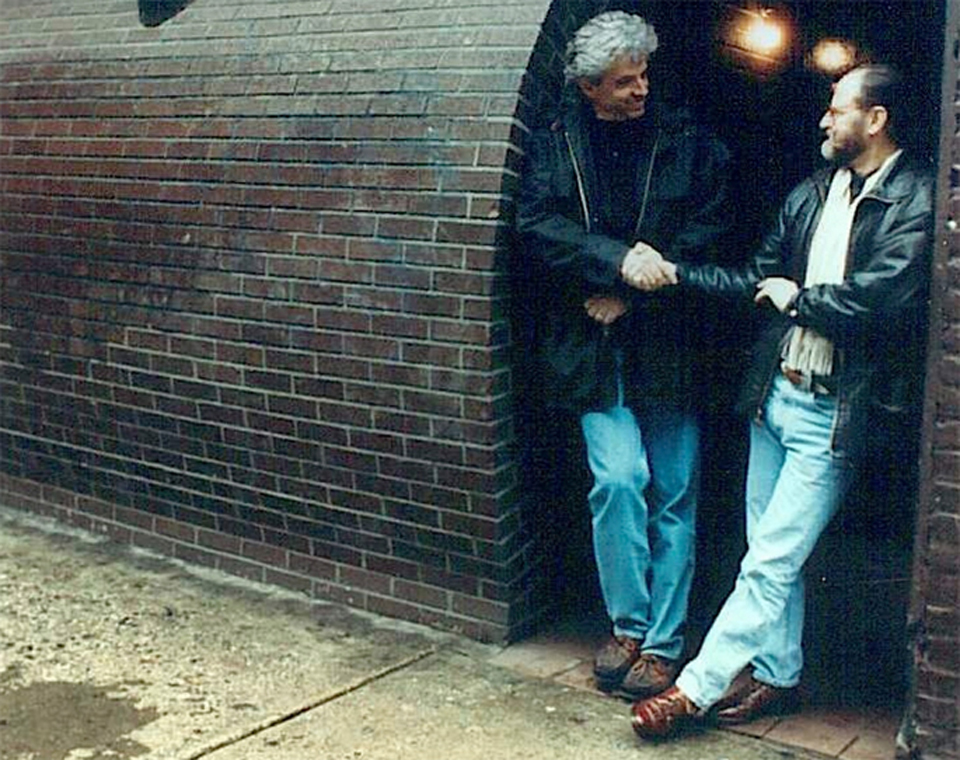John Storyk (on left) with Jimi Hendrix’ producer/engineer Eddie Kramer in the Electric Lady Studios’ original iconic doorway on 8th Street in Greenwich Village. Photo: Howard Sherman
